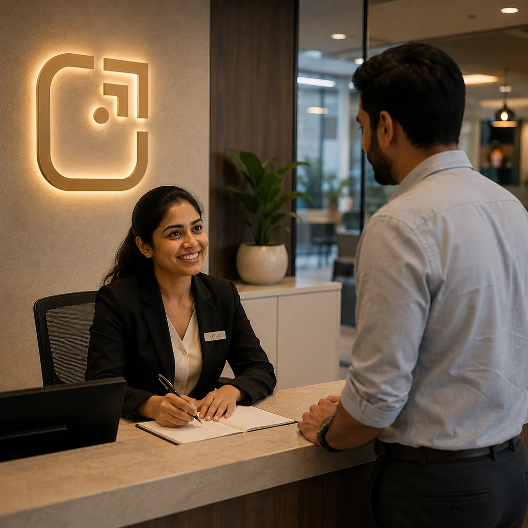 A Strive Overseas consultant welcoming a client at the front desk